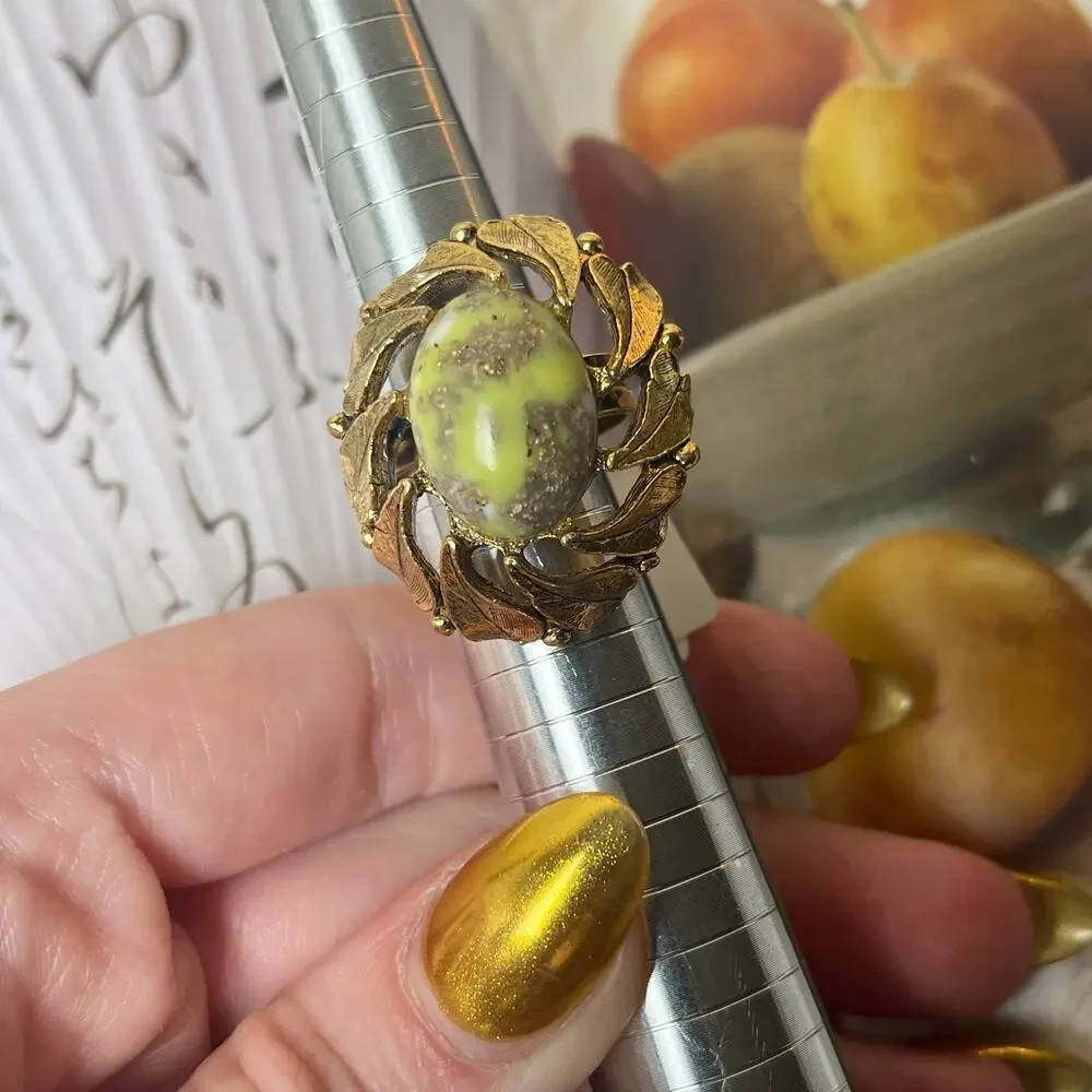 Vintage Gold Tone Ring with Light Green Resin Stone